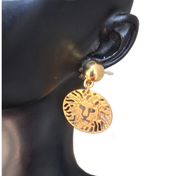 Vintage Anne Klein Gold-Tone Lion Head Drop Earrings – Bold & Iconic! - Picture 1 of 4